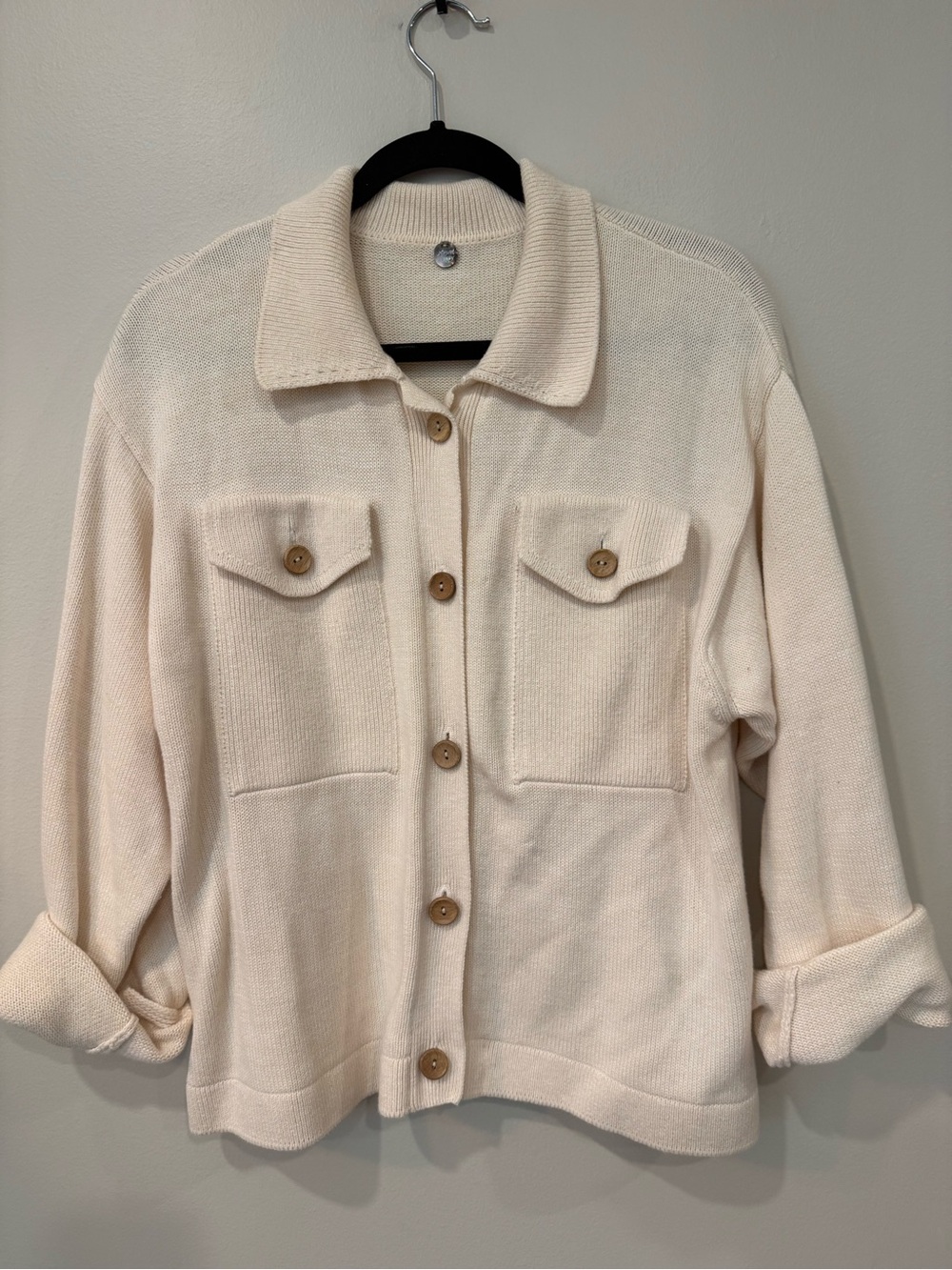 Margaret O’Leary Cream Heavy Knit Button-Up Shacket Sweater Jacket 100 % Cotton